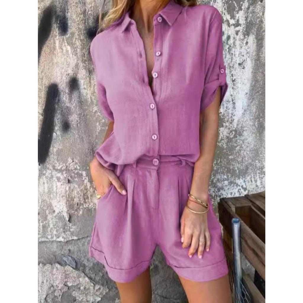 Women's Half Sleeve Short Sleeve Loose Fit Cotton Linen 2-Piece Set Top Short Pants