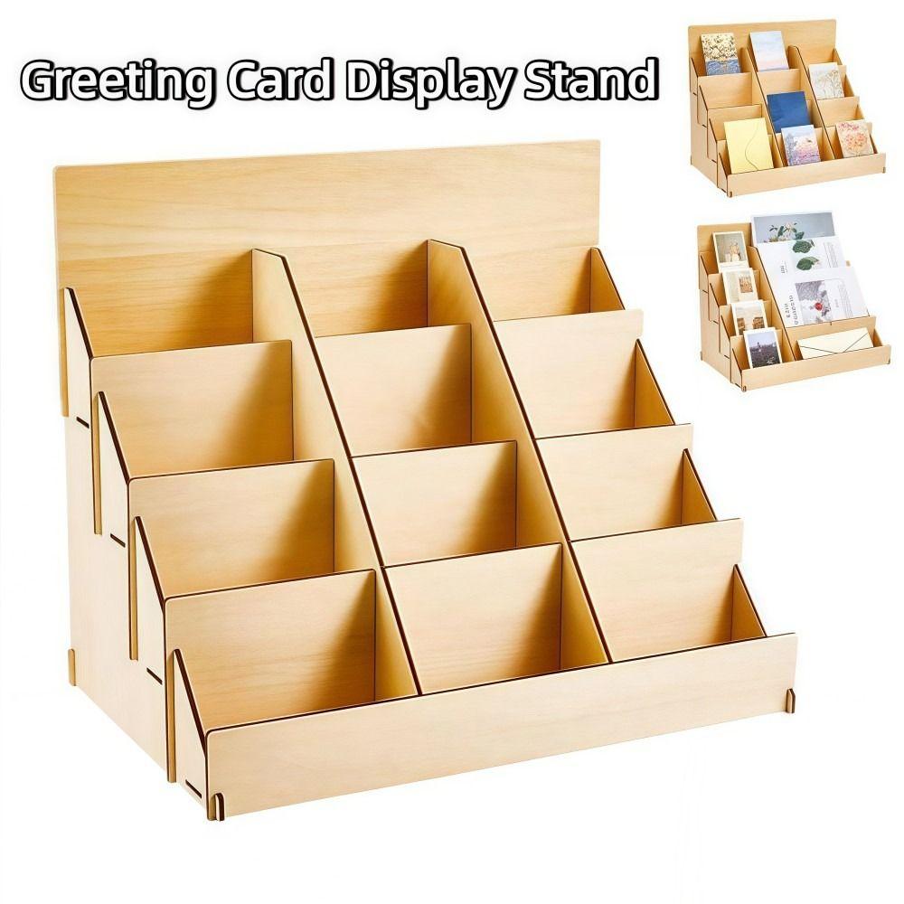 Wooden Greeting Card Display Stand 12 Grids Smooth Edges Greeting Card Rack DIY Simple Design PSA Card Display Stand