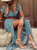 Floral Printed Belt V-neck Short Sleeve Women Long Dress Side Split Summer Lady Holiday Robe
