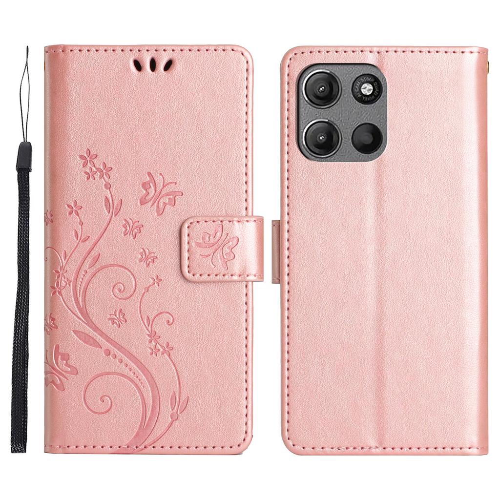 For Motorola Moto G (2026) 5G Leather Wallet Case Butterfly Flower Imprinted Phone Cover with Strap