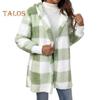 Wintermantel für Damen, Kontrastfarbe, Karomuster, dick, doppelseitig, mit Kapuze aus Samt, offene Nähte, elastische Bündchen, lockerer, warmer Mantel