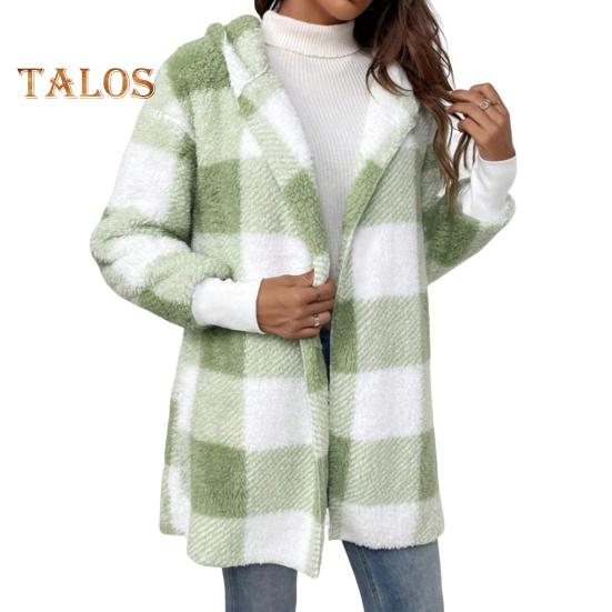 Wintermantel für Damen, Kontrastfarbe, Karomuster, dick, doppelseitig, mit Kapuze aus Samt, offene Nähte, elastische Bündchen, lockerer, warmer Mantel