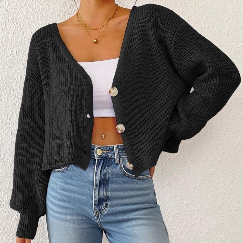 New Autumn and Winter Solid Color Button Cardigan Deep V Short Loose Jacket Casual Top