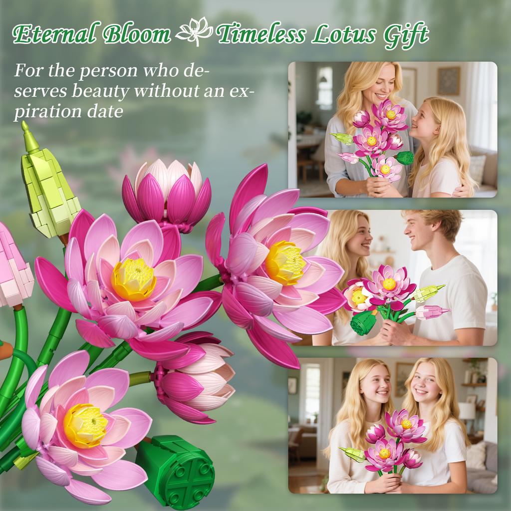 710PCS Lotus Flower with Vase Building Blocks Creative Bouquet Model Bricks Desktop Decoration Diy Toys For Kids Holiday Gifts