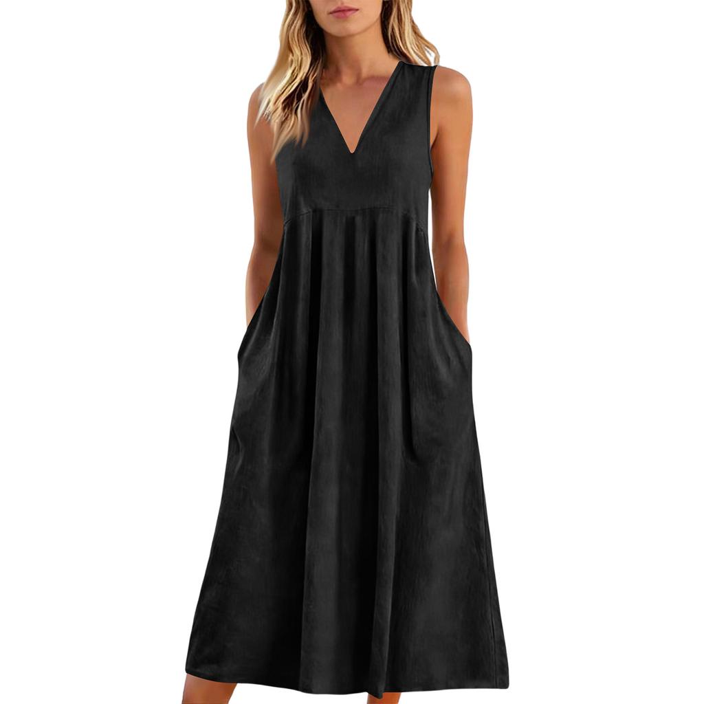 Ladies' Casual Pullover V-neck Sleeveless Cotton And Linen Loose Dress