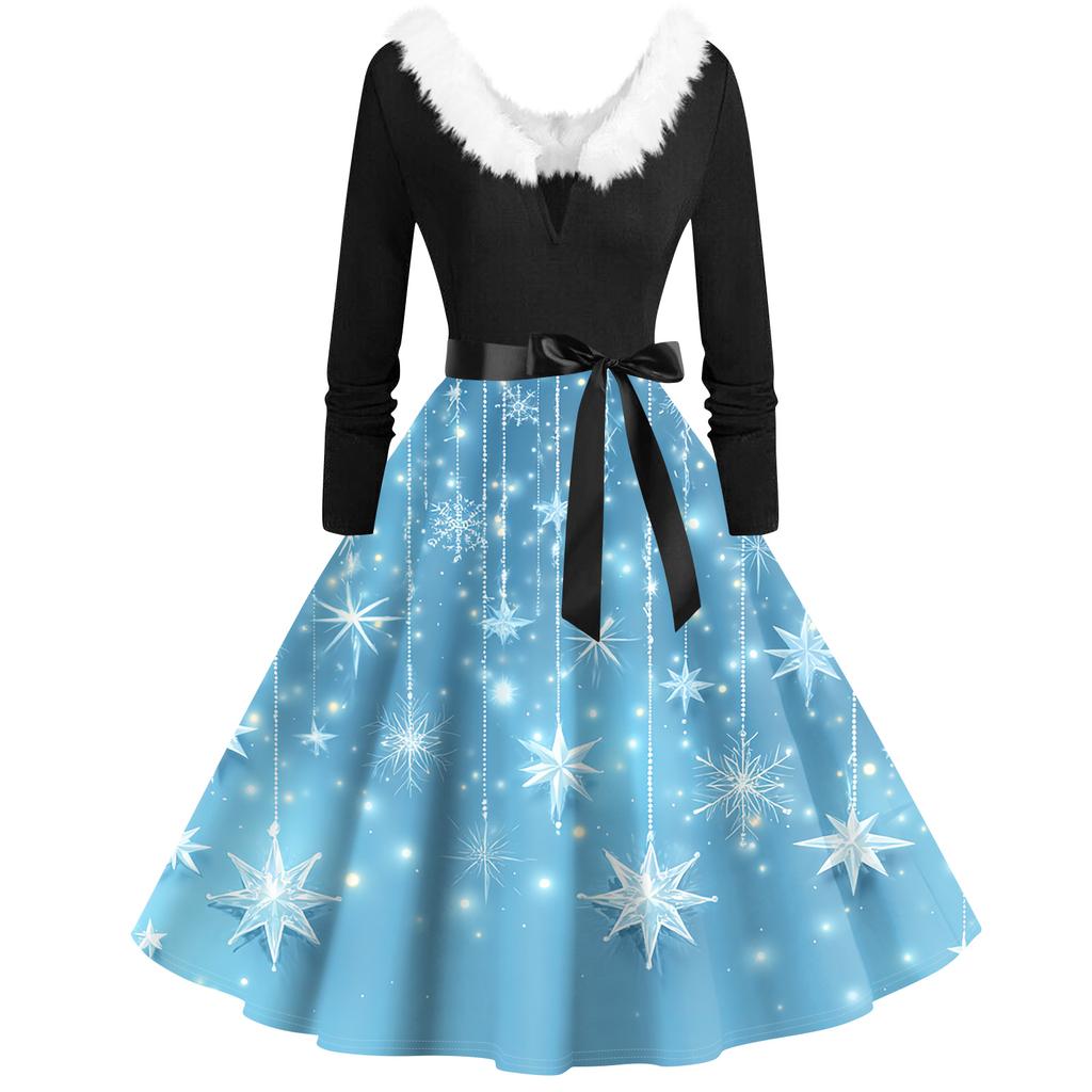 Women's Fashion V-Neck Casual Slim Christmas Printed Long Sleeve Hair Collar Dresses