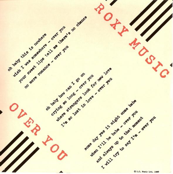 

7-дюймовая пластинка ROXY MUSIC - Over You POSP93 Polydor, EG 1980 UK Рок Б/У