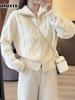 Einfarbig Doppelreißverschluss Fischgrät Hoher Kragen Lässiger Stil Oberbekleidung Strickjacke Warmer Pullover Design Oberteil für Damen