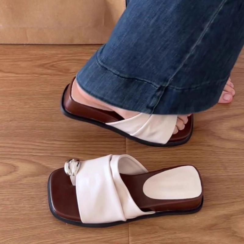 Sheepskin Version Retro Pleated Metal Set Toe Slippers Women's Summer Wear Thick Bottom Not Tired Feet Temperament Cool Slippers
