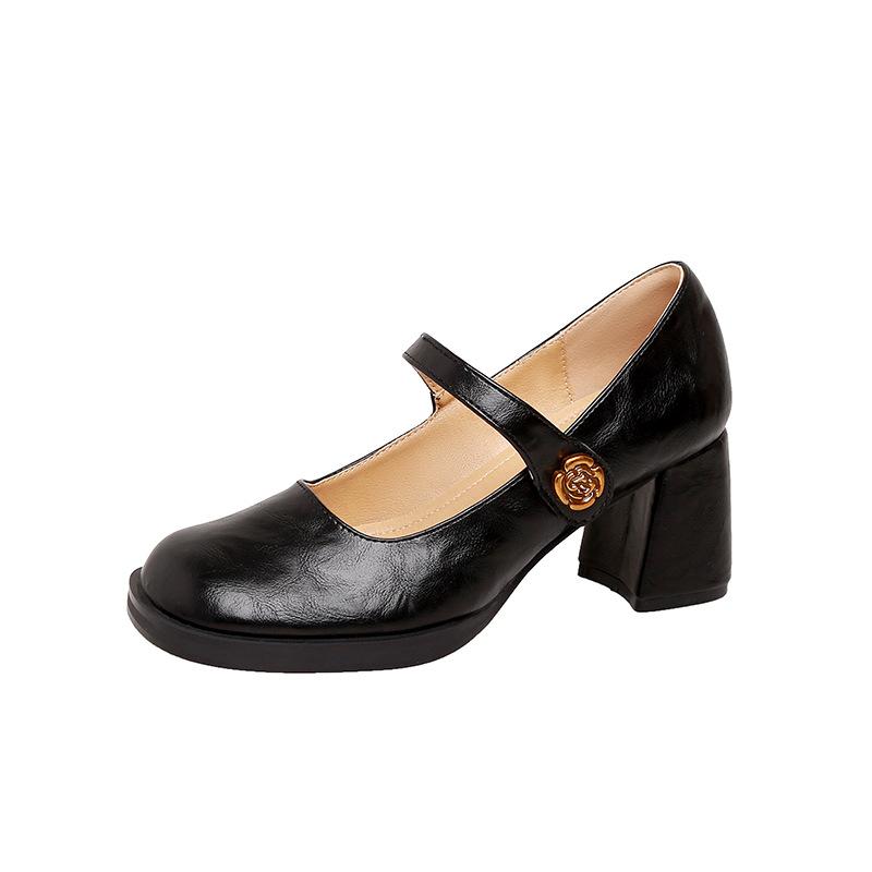 Cowhide Version~ Genuine Leather French Mary Jane Shoes Women's College Style Retro Square Head One-word Buckle Light Mouth Single Shoes High Heels