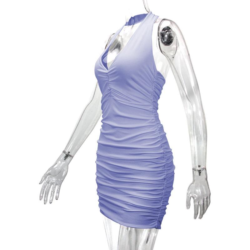 Women's V-neck Halter Backless Shoulder Sexy Simple Pleated Dress