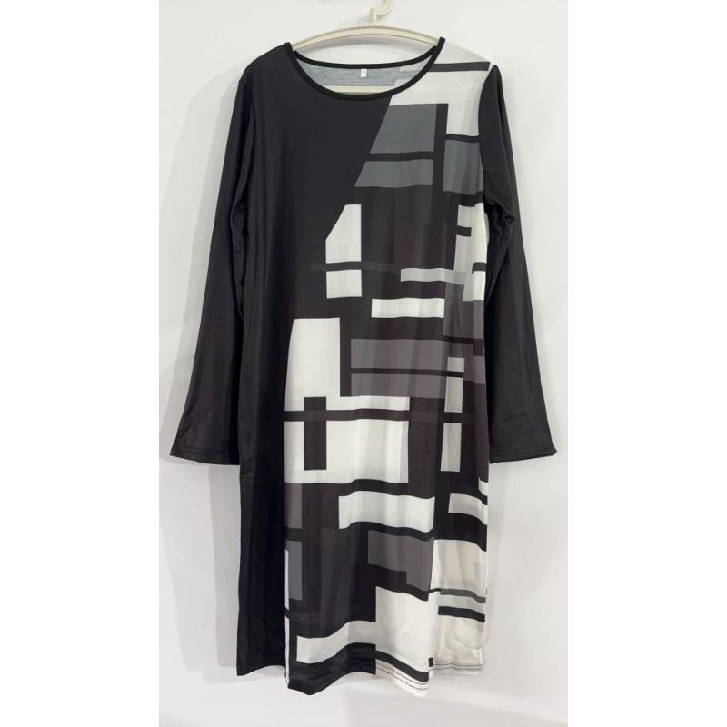 Women's Spring Summer Geometric Print Bodycon Midi Dress, Round Neck Long Sleeve Slim Fit Casual Office Work Dress