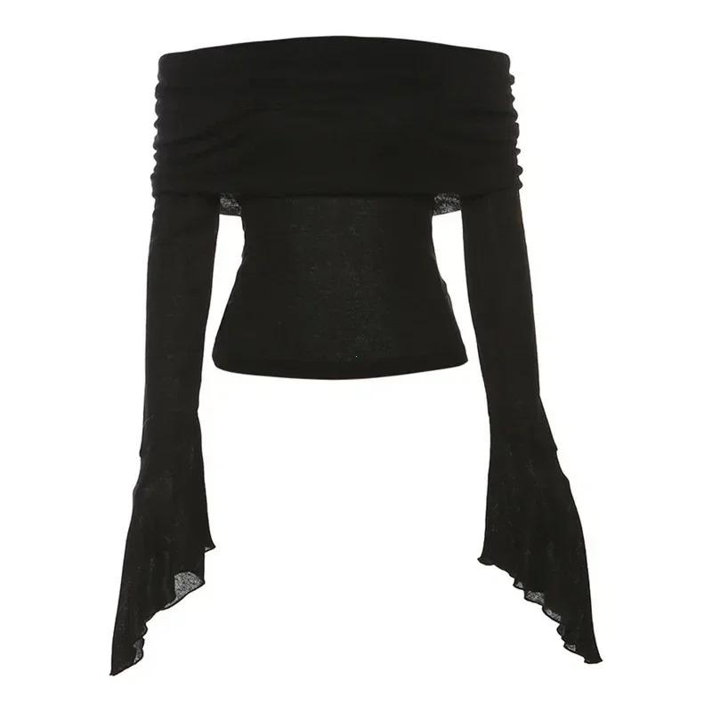 Y2k Aesthetic Simple Fashion Women's Tee Shirts Slash Neck Long Sleeve Solid Casual T-Shirts Vintage Off Shoulder Trendy Tshirts