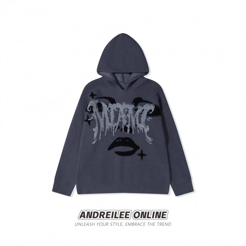 Andre Gothic Letter Jacquard Hooded Knit Sweatshirt - Streetwear Casual Dark Top Teens