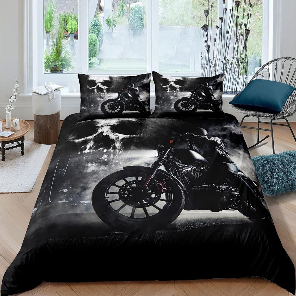 Motorcycle Duvet Cover Set for Boys Men Queen King Size Lightweight Down Room Decor 2 Pillowcases and 1 Duvet Cover No Comforter