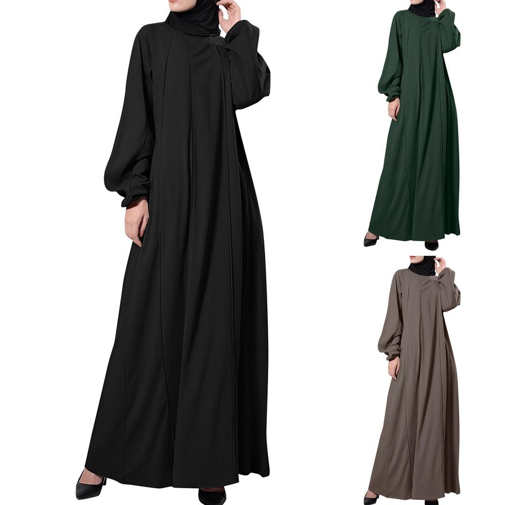 Women's Casual Loose Long Sleeve Round Neck Solid Color Robe Dress