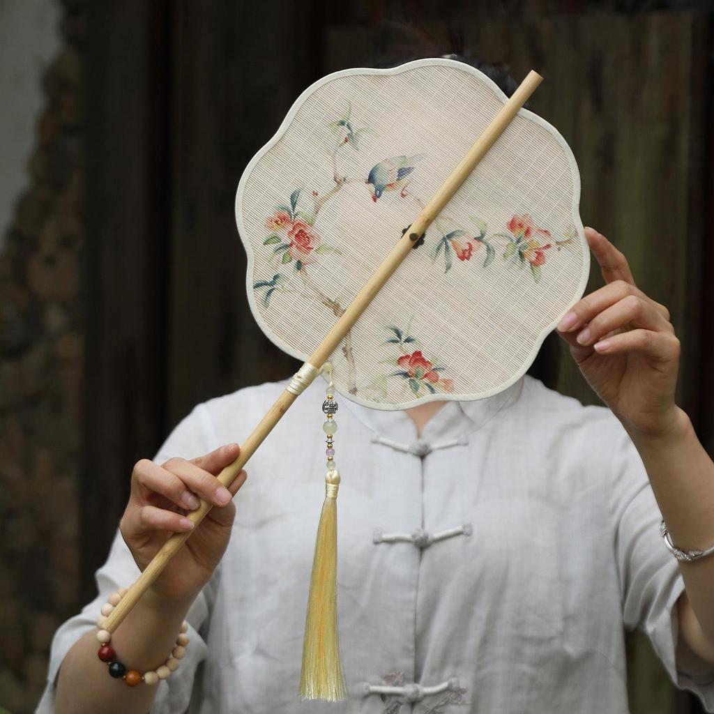 Ancient Style Portable Round Fan - Rollable with Bamboo Strips, Intangible Heritage, Perfect for Hanfu Costume, Cooling Summer Accessory.