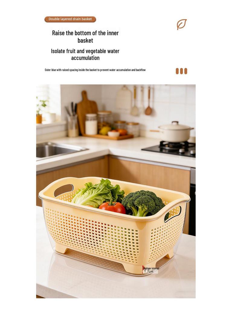Dual-Layer Draining Basket for Vegetables, Fruits, and Rice - Large Capacity Storage Basin