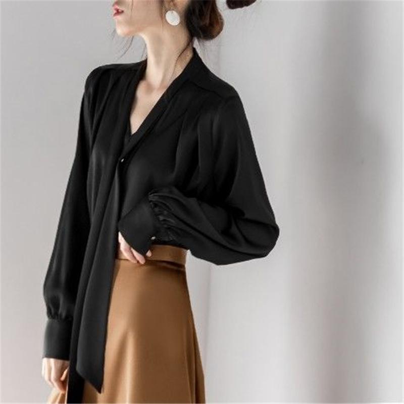 Satin Elegant Chic Ribbon Collar Long Sleeve Office Lady Shirt Spring Korean Fashion Simple Loose Solid Blouse Top Women Blusas