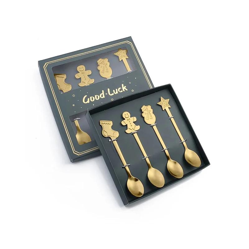 4PCS Stainless Steel Christmas Gift Spoon Fork Set Scoop Fruit Fork Coffee Spoon Cutlery Set Christmas Tree Decoration Dessert