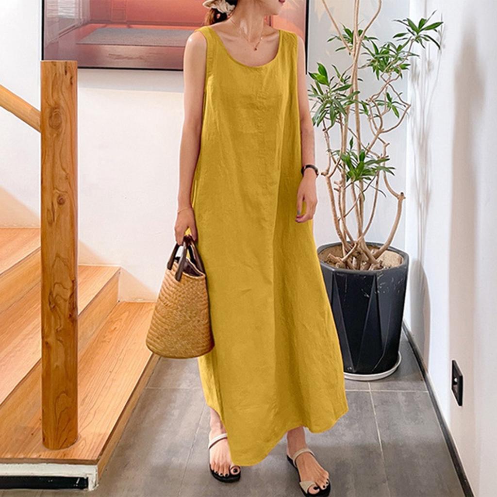 Damen Einfarbig Träger Baumwolle Leinen Locker Tasche Rundhals Ärmellos Kleid