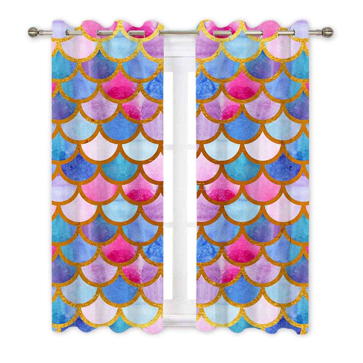 

Bed Chamber Blackout Style Drapes Ombre Beauty Mermaid Fish Scale Thermal Insulated Room Darkening Drapes for Living Area Room Drapes W55 X H120cm X 2&HOOK