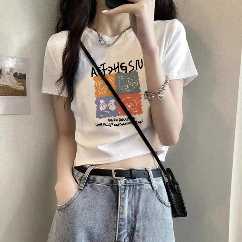 A pure cotton white t-shirt women's design front shoulder short sleeve summer letter print high waist spice top
