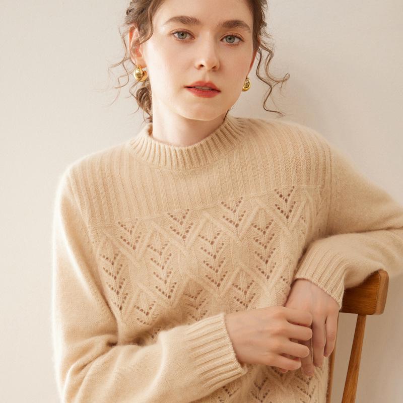 Women's 2025 Autumn/Winter Cashmere Sweater: Half-High Collar, Thick Knitwear, Hollow-Out Design