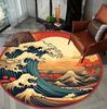Retro Japanese Kanagawa Waves Round Carpet Non-Slip Rug for Living Room Bedroom Sofa Coffee Table, Home Area Mat