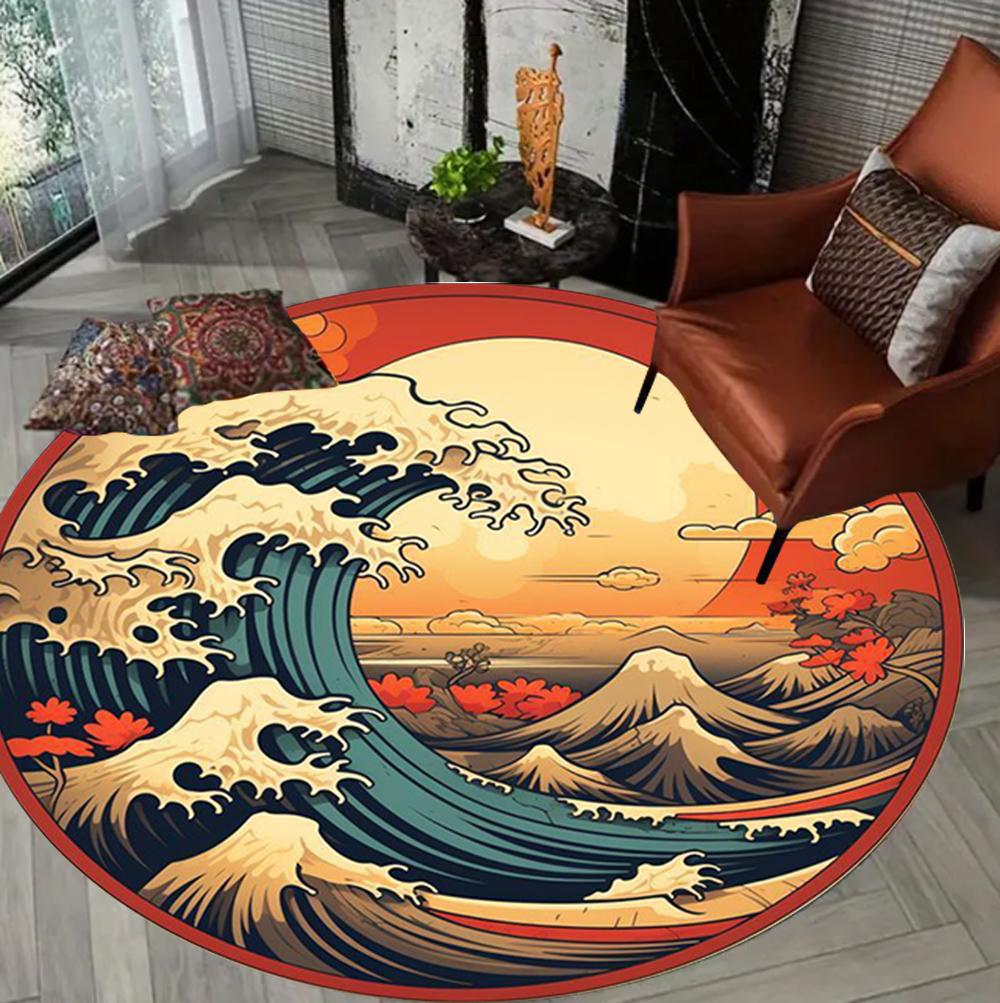 Retro Japanese Kanagawa Waves Round Carpet Non-Slip Rug for Living Room Bedroom Sofa Coffee Table, Home Area Mat