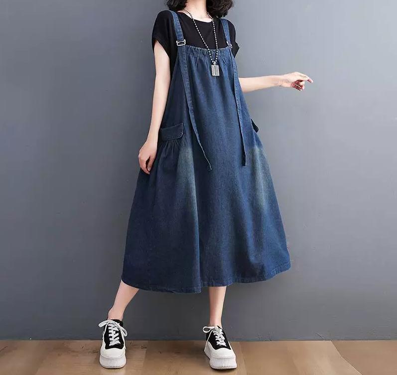 Japan and South Korea Large Size Women's Clothing Spring and Summer Medium and Long Strap Skirt Women's Loose and Thin Denim Strap Skirt Bigswingdress