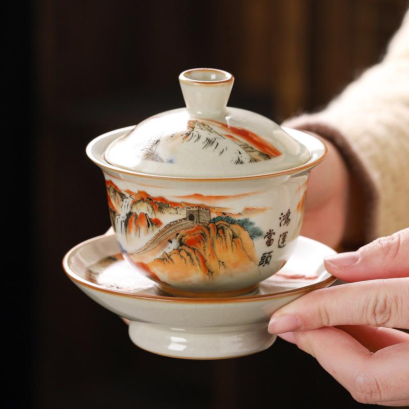 Beige Ru Kiln Sancai Cover Bowl Opening Film Can Feed Tea Bowl Kung Fu Tea Set Large Household Tea Bowl Antique Ceramics