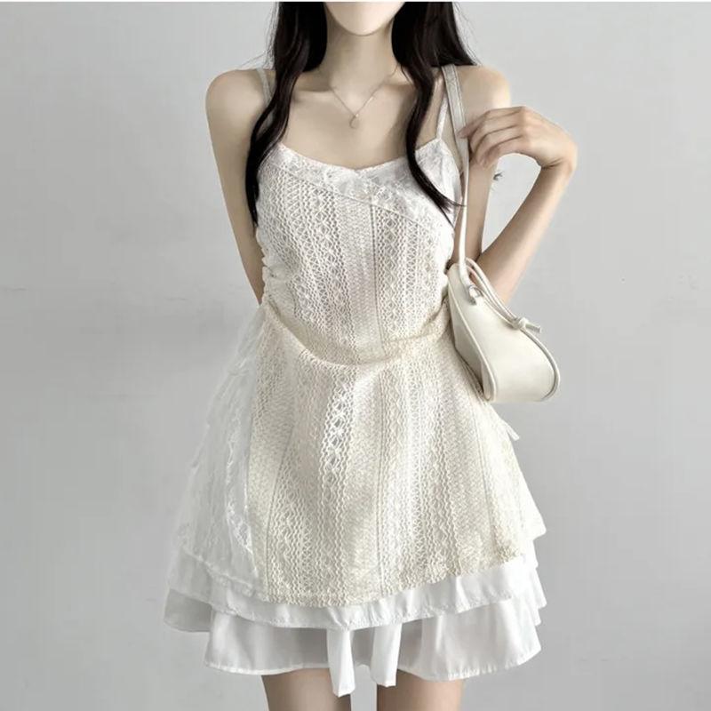 

Fashionable Summer Lace Midi Dress Women s Strapless Drawstring Waist Cinched Cute Tulle Skirt Casual Vacation Style Short Dress XL брудно-білий