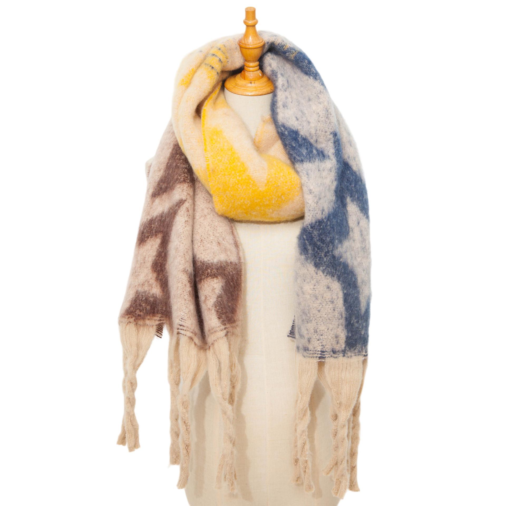 

Женская шаль, осенне-зимний теплый толстый шарф со звездами и кисточками синий/коричневый