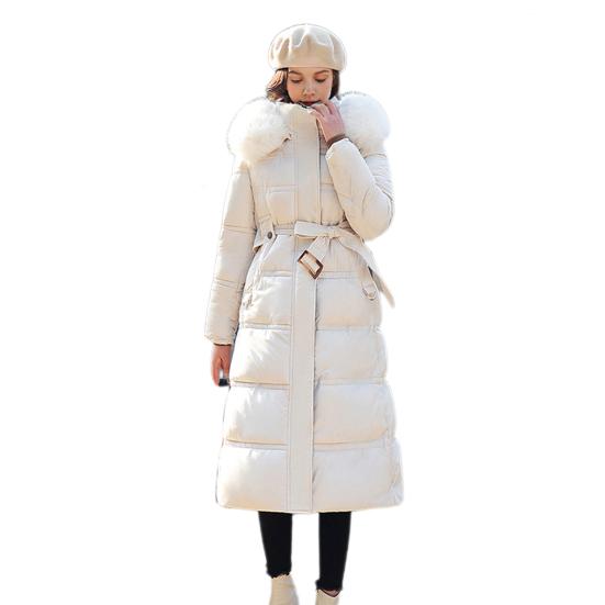 Winter Women Cotton Jacket with Hood Neck Protection Long Sleeves Pockets Mid-calf Length Zipper Closure Padded Coat Solid Color Windproof Outwear