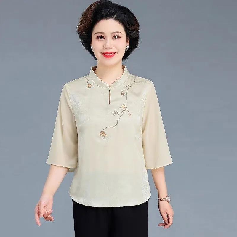 Sommer Neue Chinesische Stil Mittleren Alters Damen 3/4 Ärmel Bestickte Chiffon Bluse Elegantes Stehkragen Reißverschluss Oberteil