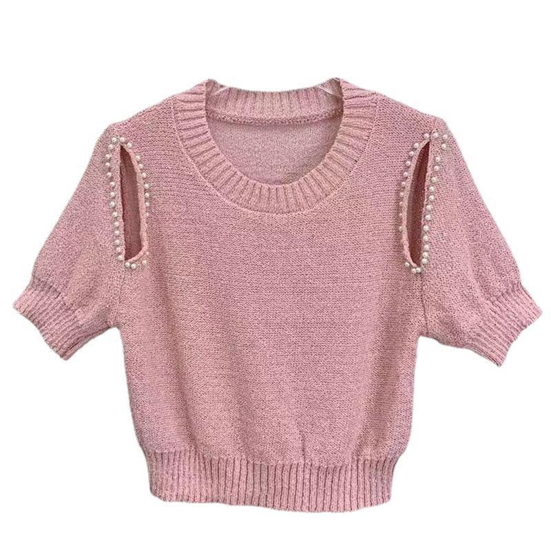 Summer Design Sense Round Neck Doo Beading Thin Short-sleeved Knit Shirt Top Female Casual Summer Essential Comfort and Style Slim Fit Pullovers Tees