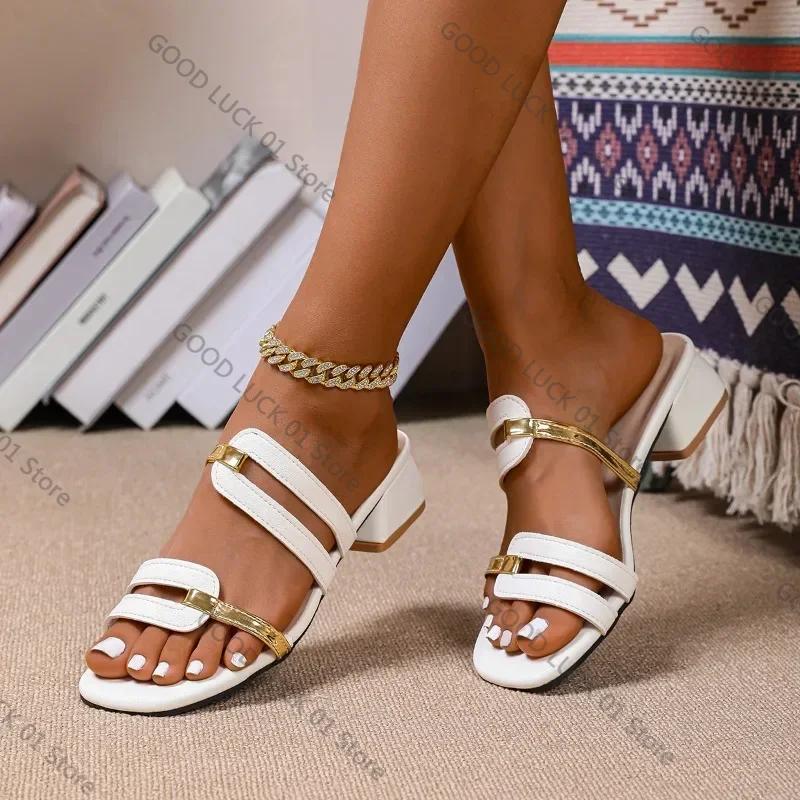Fashion Summer fashion slippers: New color-blocked striped square heel cool slippers, thick-soled women's casual beach shoes, size 35-42