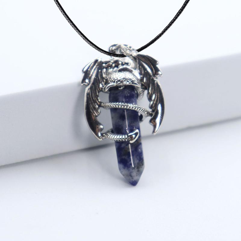 Animal Dragon Man Necklace Natural Gem Stone Healing Pink Quartz Hexagonal Crystal Pendant Vintage Jewelry for Women Gift