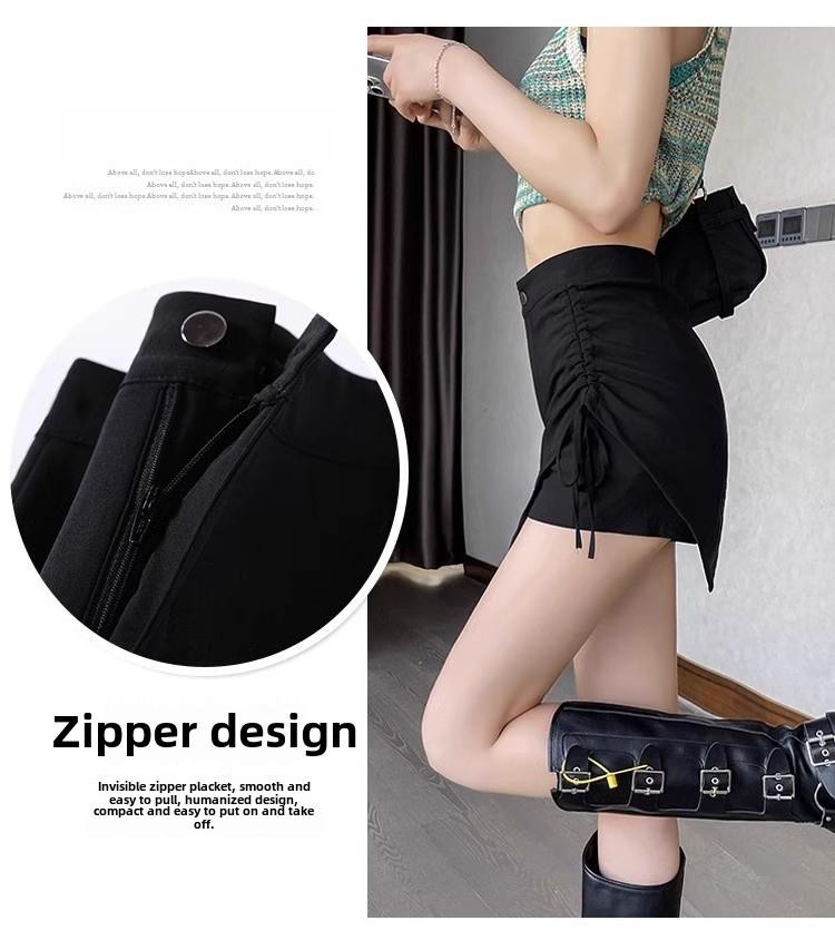 2024 Damen Schwarzer High Waist A-Linien Plissierter Kurzer Rock mit Kordelzug