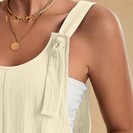 Macacão Feminino Sem Mangas Verão Casual Macacão Curto Solto de Algodão com Bolsos Roupas de Praia para Viagem Férias