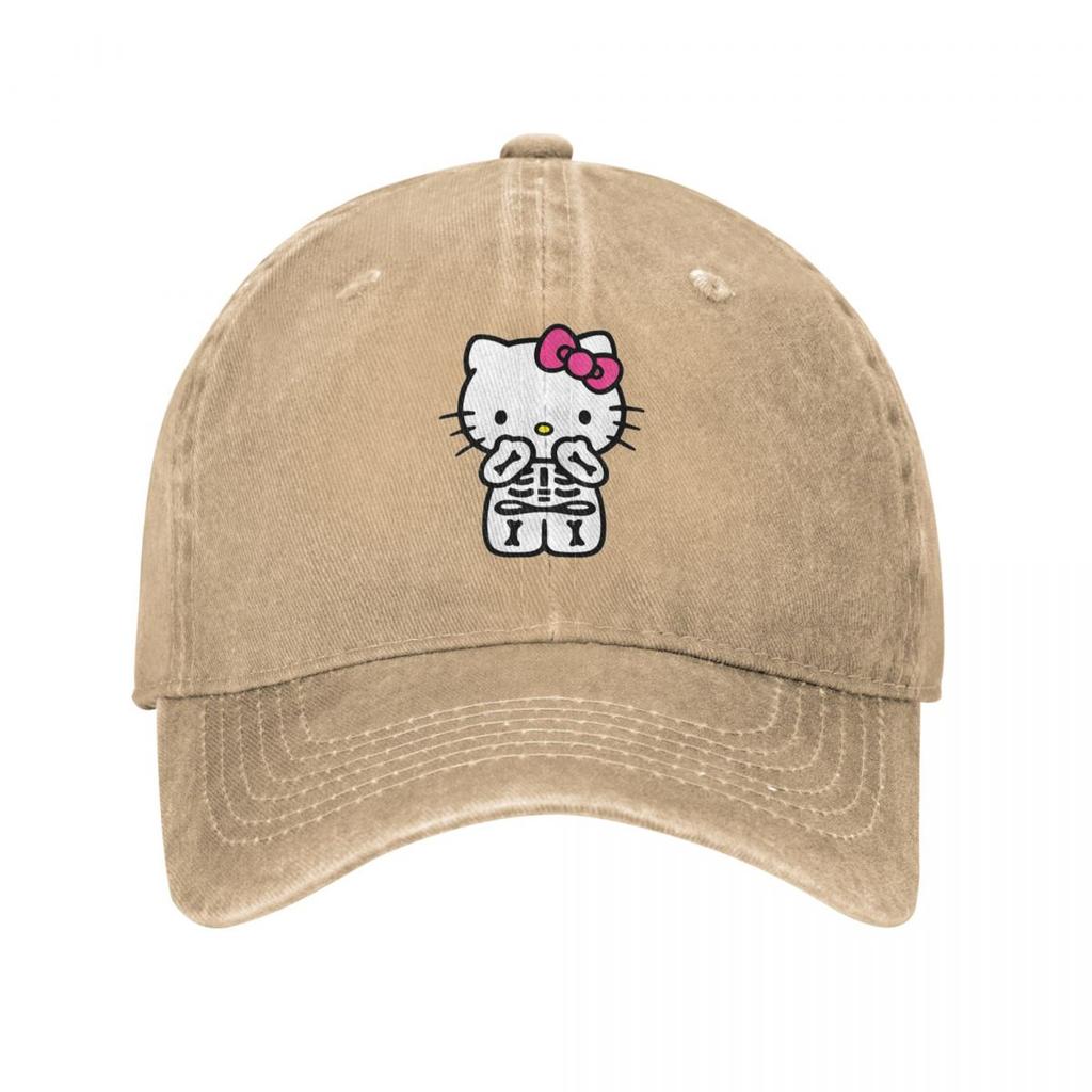 Skeleton Kitty Hellokitty Kawaii Cat Japanese Cartoon Baseball Caps Denim Washed Caps Hat Retro Outdoor Travel Gift Cap