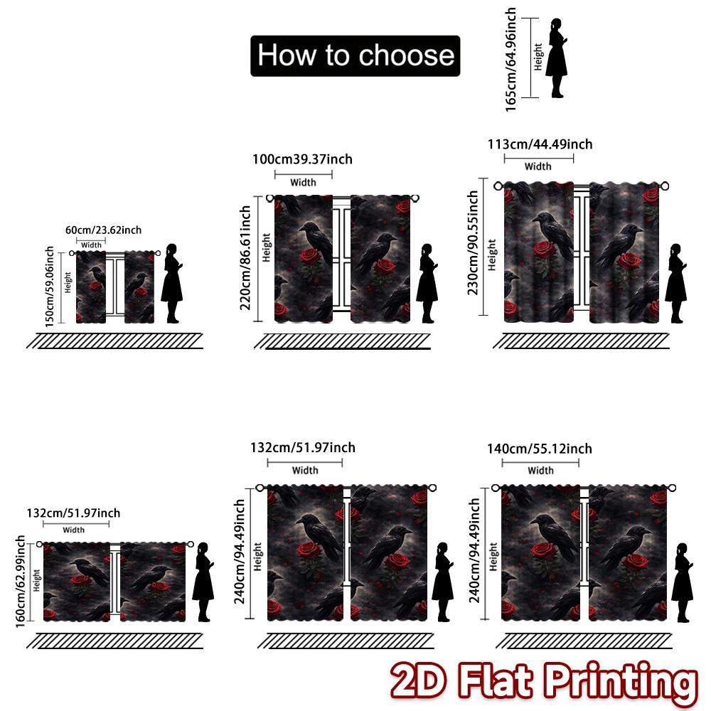 2D FLAT PRINTING 2pcs Curtains (Without Rod) Halloween Ravens and Roses Modern Print Curtains Fabric Curtains Ramadan