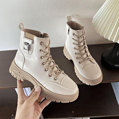 Fashion Women's Shoes 2024 New Fashion Zipper Flat Shoes for Woman Solid Color Platform Leather Boots Lace Up Ankle Boots Botas Mujer