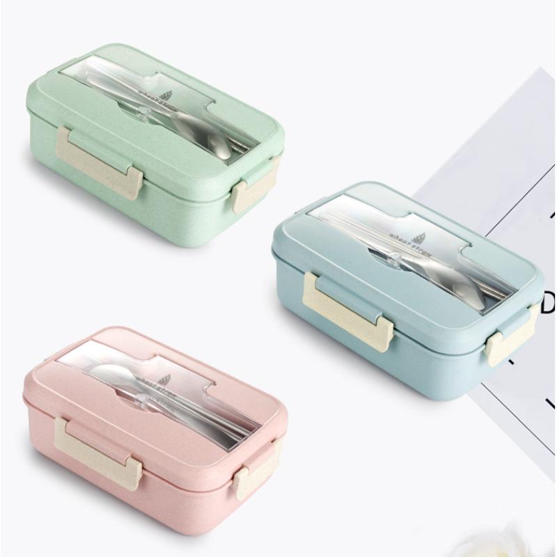 Wheat Straw Insulated Bento Lunch Box with Lid, Microwave-Safe, Fresh-Keeping Compartments Nordic Green + Stainless Steel Utensils