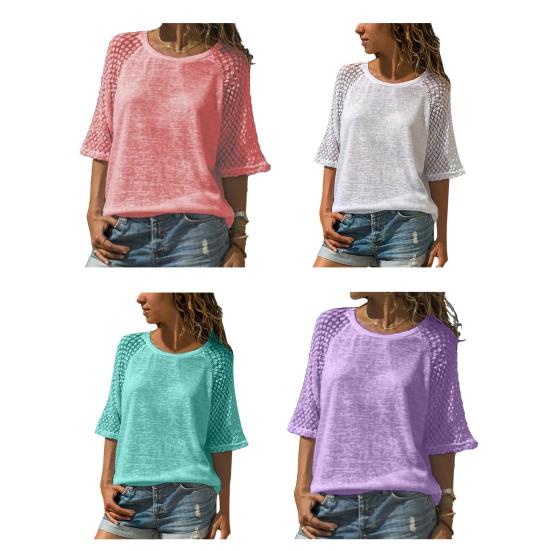 Damen Oberteile Leicht Atmungsaktiv Netzärmel Patchwork-Design Lockere Passform Rundhalsausschnitt 46085 Ärmel