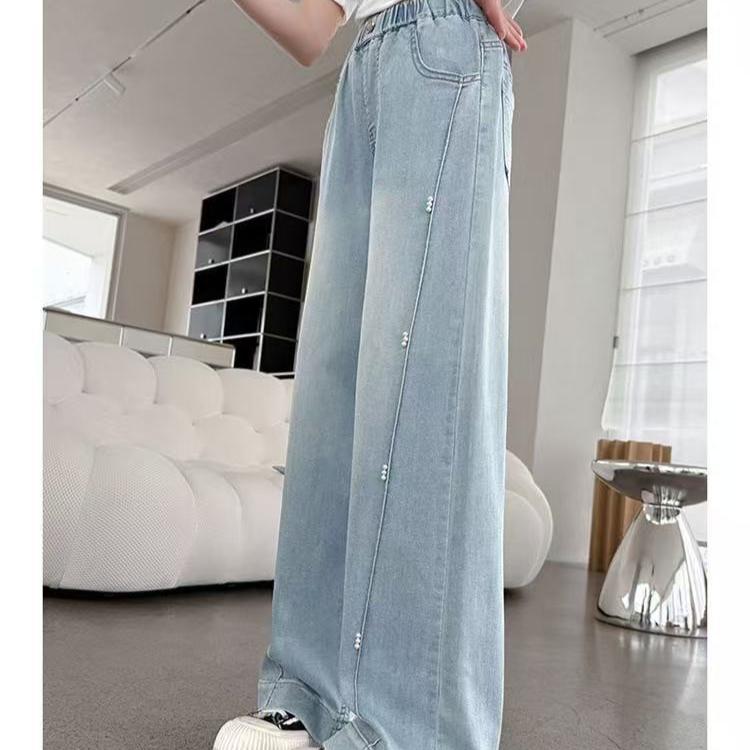 Girls' Jeans Summer Thin Pants Loose Tencel Nail Bead Sunscreen Splicing Straight Leg Wide Leg Pants