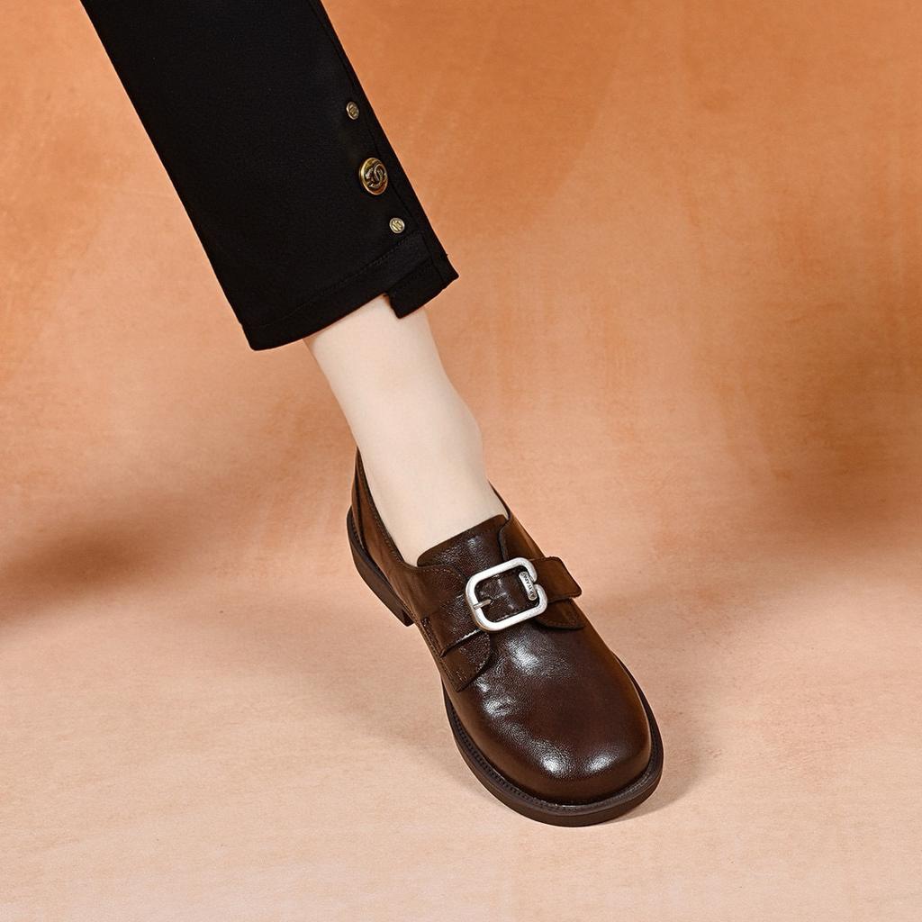 Retro kleine Lederschuhe Damen 2025 Frühling neu runder Zeh quadratische Schnalle Slipper zum Hineinschlüpfen, flache bequeme Damenschuhe mit flachem Ausschnitt