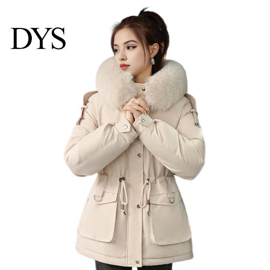 Warm Cotton Jacket Women Winter Coat Thick Plush Furry Hooded Long Sleeves Pockets Lightweight Puffer Drawstring Waist Zip-up Windproof Mid