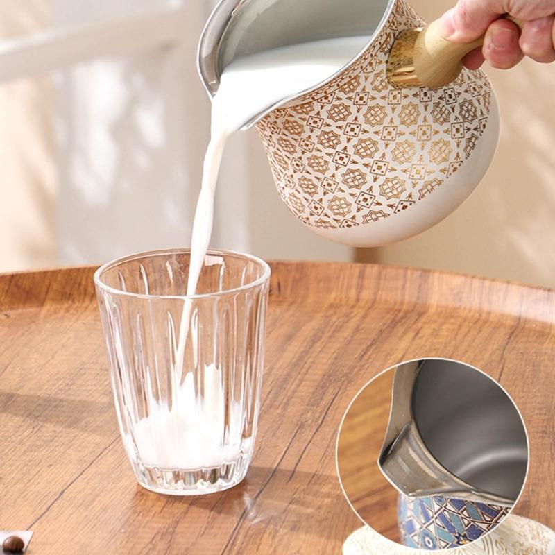 Steel Turkish Coffee Pot With Heat Resistant Wooden Handle For Brewing Coffee And Heating Milk Chocolate Butter Soup